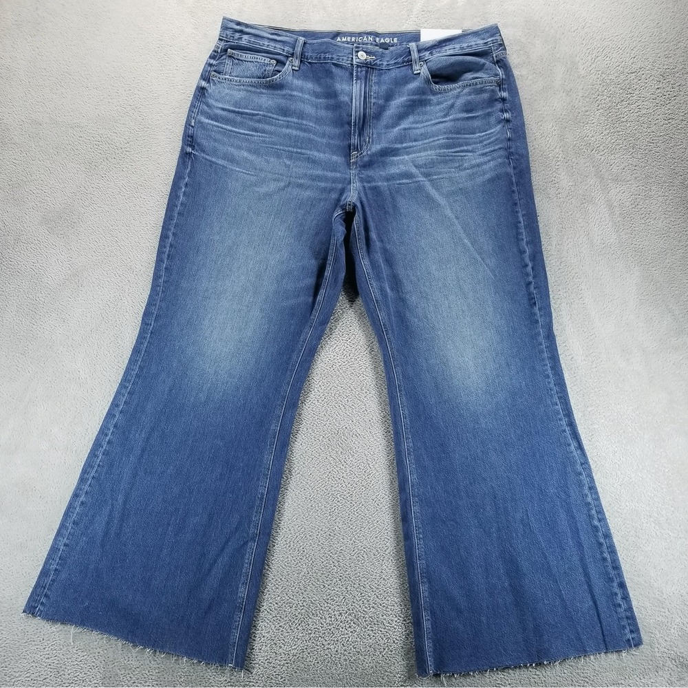 American Eagle Jeans Womens 20 Blue Low Rise Baggy Flare Dreamy Drape Raw Hem